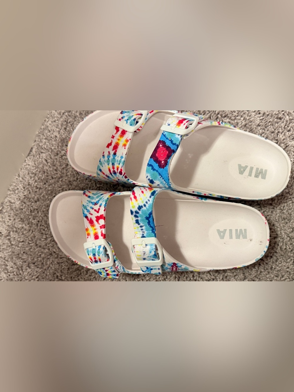 MIA White Tie-Dye Buckle Slide Sandals